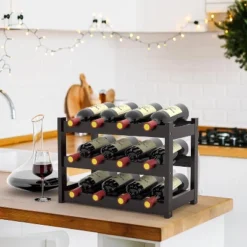 Itopfox Bamboo Wine Rack Countertop, 3-Tier 12 Bottles Wine Storage Shelf For Kitchen Pantry Cabinet - Dark Brown