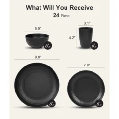 Itopfox 24-Piece Dinnerware Set For 6, Unbreakable Wheat Straw Plates & Bowls, Dishwasher & Microwave Safe, RV, Beach House & Daily Use, Black