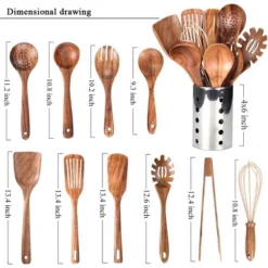 Itopfox Kitchen Utensil Set With Holder, Natural Teak Wood Spoons For Cooking, Includes Spatula, Ladle & More, Non-Scratch Wooden Tools For Cookware