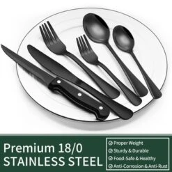 Itopfox 24-Piece Black Silverware Set With Steak Knives, Flatware Set For 4, Food-Grade Stainless Steel Tableware Cutlery Set Mirror Finished Utensil -Kitchen Chef GUEST 115b8e2b d81d 450b a04a aff94a709f0e