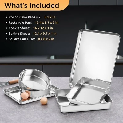 Itopfox Stainless Steel Baking Pan Set, 6-Piece Metal Bakeware Includes Cookie Sheet, Round Square Cake Pans, Non-Toxic & Dishwasher Safe 3 Itopfox Stainless Steel Baking Pan Set, 6-Piece Metal Bakeware Includes Cookie Sheet, Round Square Cake Pans, Non-Toxic & Dishwasher Safe