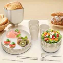Itopfox Wheat Straw Dinnerware Sets - 42 Piece Unbreakable Plates, Bowls, Cups & Utensils For 6, Lightweight & Durable, Dishwasher & Microwave Safe -Kitchen Chef GUEST 2c2ee117 07d3 4d99 815e 4dc6505ee72d