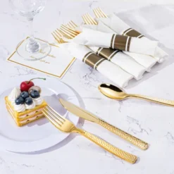 Itopfox 100-Pack Gold Plastic Silverware Set Disposable Cutlery With Forks, Knives, Spoons & Napkins, Elegant & Durable For Parties, Events, Banquets -Kitchen Chef GUEST 2cce826e c06f 480f 9bd9 7b39b9ddc411