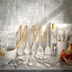 Itopfox 34-Piece Silicone Kitchen Utensil Set With Wooden Handles, Heat-Resistant Tools For Nonstick Cookware Including Grater