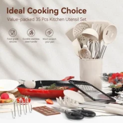 Itopfox Silicone Cooking Utensils Set 35 Pcs Kitchen Utensils With Holder Stainless Steel Handle Spatula, Spoons, Pasta Server, Cheese Grater, Masher