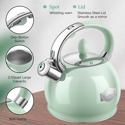 Itopfox Stainless Steel Whistling Tea Kettle With Cool Touch Handle, 2.64 Quart Induction Compatible Stovetop Teapot In Mint Green 5 Itopfox Stainless Steel Whistling Tea Kettle With Cool Touch Handle, 2.64 Quart Induction Compatible Stovetop Teapot In Mint Green - Image 3