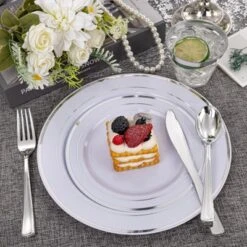 Itopfox Elegant Silver Plastic Dinnerware Set - Disposable Plates, Dessert Plates, Silver Rim Cups & Cutlery For Weddings, Parties - 50 Guest Service 12 Itopfox Elegant Silver Plastic Dinnerware Set - Disposable Plates, Dessert Plates, Silver Rim Cups & Cutlery For Weddings, Parties - 50 Guest Service -Kitchen Chef GUEST 39c507a0 df56 4aff 892c 8e7ec77514e5