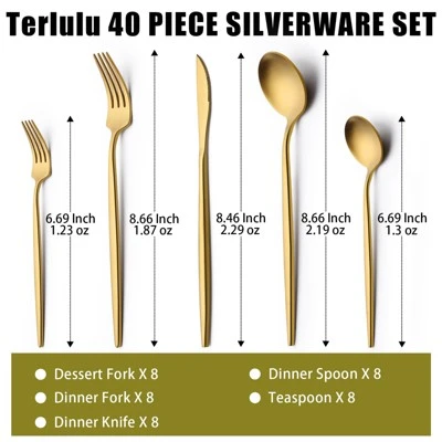 Itopfox 40-Piece Gold Flatware Set For 8, Stainless Steel Cutlery Set With Forks, Knives, Spoons, Elegant Satin Finish For Home, Kitchen, Restaurant 3 Itopfox 40-Piece Gold Flatware Set For 8, Stainless Steel Cutlery Set With Forks, Knives, Spoons, Elegant Satin Finish For Home, Kitchen, Restaurant
