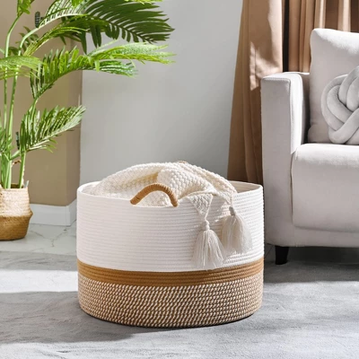 Itopfox Large Woven Storage Basket For Blankets, Laundry, Nursery, And Toys, Soft Cotton Rope Hamper For Living Room, Baby Toy Chest In White/Brown 3 Itopfox Large Woven Storage Basket For Blankets, Laundry, Nursery, And Toys, Soft Cotton Rope Hamper For Living Room, Baby Toy Chest In White/Brown