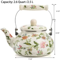 Itopfox Vintage Enamel Tea Kettle, Green Floral Steel Teapot With Cool Touch Porcelain Handle For Stovetop, Home Kitchen Decor, Gift For Housewarming