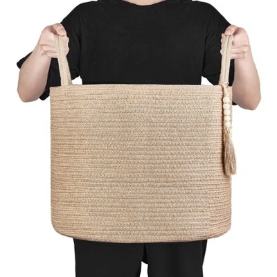 Itopfox Woven Storage Basket With Wooden Bead Decoration, Natural Rope Basket For Toys, Clothes, Shoes, Plant Organizer Bin With Handles, Home Decor 7 Itopfox Woven Storage Basket With Wooden Bead Decoration, Natural Rope Basket For Toys, Clothes, Shoes, Plant Organizer Bin With Handles, Home Decor - Image 5