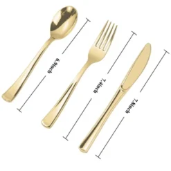 Itopfox 300PCS Gold Plastic Silverware Set, Heavy Duty Disposable Flatware Dinnerware, 100 Forks, 100 Spoons 100 Knives For Party, Wedding, Daily Use