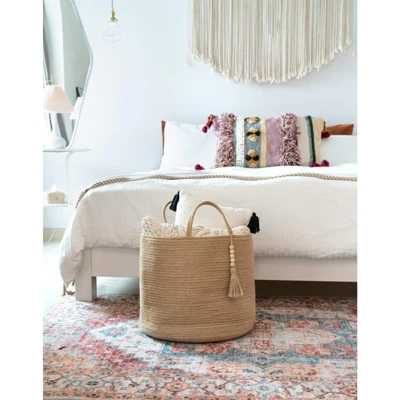 Itopfox Woven Storage Basket With Wooden Bead Decoration, Natural Rope Basket For Toys, Clothes, Shoes, Plant Organizer Bin With Handles, Home Decor 5 Itopfox Woven Storage Basket With Wooden Bead Decoration, Natural Rope Basket For Toys, Clothes, Shoes, Plant Organizer Bin With Handles, Home Decor - Image 3