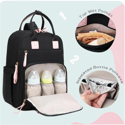 Itopfox Large Diaper Backpack With 18 Pockets, Water-Resistant Nylon, Insulated Bottle Holders, Stroller Straps (Black) 5 Itopfox Large Diaper Backpack With 18 Pockets, Water-Resistant Nylon, Insulated Bottle Holders, Stroller Straps (Black) - Image 3