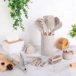 Itopfox 24 Pcs Kitchen Cooking Utensils Set, Heat Resistant Non-Stick Silicone Kitchen Utensil Set With Wooden Handles And Holder, Kitchen Gadgets