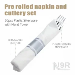 Itopfox 50 Pack Pre Rolled Silver Plastic Cutlery Set With Forks, Knives, Spoons & Napkins, Disposable For Party, Wedding & Events -Kitchen Chef GUEST 52a030e8 33be 43b0 9d8c b7bcb433a36b