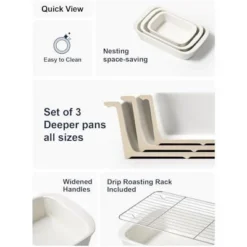 Itopfox Deep Ceramic Casserole Dishes Set With Roasting Racks, Large Lasagna Pans With Handles, Rectangular Bakeware For Oven, Gift For Mom, Set Of 3