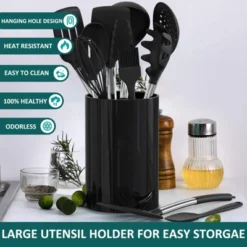 Itopfox 15-Piece Silicone Kitchen Utensil Set With Stainless Steel Handles, Non-Stick Cooking Tools For Baking, Stirring, Serving - Black