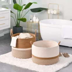 Itopfox Large Woven Storage Basket For Blankets, Laundry, Nursery, And Toys, Soft Cotton Rope Hamper For Living Room, Baby Toy Chest In White/Brown 12 Itopfox Large Woven Storage Basket For Blankets, Laundry, Nursery, And Toys, Soft Cotton Rope Hamper For Living Room, Baby Toy Chest In White/Brown -Kitchen Chef GUEST 65c1121e 4373 4a75 9f90 2866d4534569