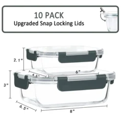 Itopfox 10-Pack Glass Meal Prep Containers With Snap Locking Lids, Airtight Food Storage Containers For Microwave, Oven, Freezer & Dishwasher Safe