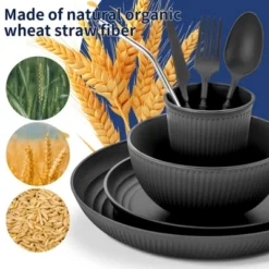Itopfox 56-Piece Black Wheat Straw Dinnerware Set, Unbreakable Plates, Bowls, Cups & Utensils, Microwave & Dishwasher Safe, Reusable For Home, Office -Kitchen Chef GUEST 69cd5b16 f713 4e1d 91eb 358e14170597