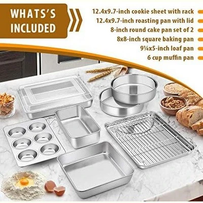Itopfox Stainless Steel Bakeware Set, 9-Piece For Cake Cookie Loaf Muffin, Includes Round Square Rectangle Pans With Lid & Rack, Dishwasher Safe 3 Itopfox Stainless Steel Bakeware Set, 9-Piece For Cake Cookie Loaf Muffin, Includes Round Square Rectangle Pans With Lid & Rack, Dishwasher Safe