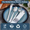 Itopfox 50 Guests Pre Rolled Silver Plastic Silverware Sets - Heavy Duty Cutlery With Napkins For Parties, Dinners & Weddings -Kitchen Chef GUEST 71044a6c 7cd2 450f 9b5c 2dcf8b45649b