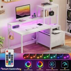 Itopfox Computer Desk With Drawers & Monitor Stand, Home Office Desk With Storage Shelves, Gaming Desk With Power Outlets & LED Lights For Study -Kitchen Chef GUEST 7454143e 46d0 4c69 bf3f 56a9290f4b1a