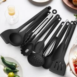 Itopfox Silicone Cooking Utensils Set - Heat Resistant, Nonstick Kitchen Tools With Spatulas, Spoons, Whisk, Tongs, Dishwasher Safe, Black -Kitchen Chef GUEST 7dc21498 1988 4eb3 9e9e 03a598a18d5d