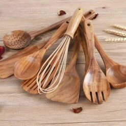 Itopfox Kitchen Utensil Set With Holder, Natural Teak Wood Spoons For Cooking, Includes Spatula, Ladle & More, Non-Scratch Wooden Tools For Cookware -Kitchen Chef GUEST 826b4ad2 c236 4e86 a17b 17936f10a08a