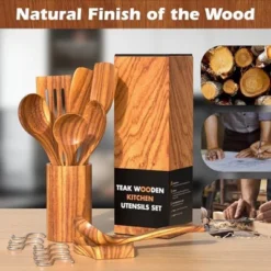 Itopfox Natural Teak Kitchen Cooking Utensil Set With Holder, Wooden Spoons For Cooking, 10PCS Cooking Spatulas Set With Spoon Rest, Wooden Utensil -Kitchen Chef GUEST 8305fbc9 6b54 4c47 87eb cabefbbaf5a5