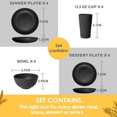 Itopfox 16-Piece Kitchen Plastic Wheat Straw Dinnerware Set For 4, Includes Plates, Bowls, Cups, Unbreakable For Camping, Outdoor, Home, Black 3 Itopfox 16-Piece Kitchen Plastic Wheat Straw Dinnerware Set For 4, Includes Plates, Bowls, Cups, Unbreakable For Camping, Outdoor, Home, Black