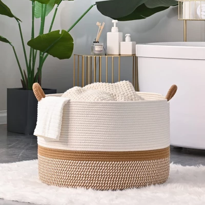 Itopfox Large Woven Storage Basket For Blankets, Laundry, Nursery, And Toys, Soft Cotton Rope Hamper For Living Room, Baby Toy Chest In White/Brown 9 Itopfox Large Woven Storage Basket For Blankets, Laundry, Nursery, And Toys, Soft Cotton Rope Hamper For Living Room, Baby Toy Chest In White/Brown - Image 7