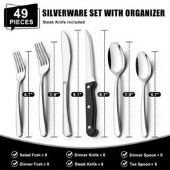 Itopfox 49-Piece Silverware Set With Organizer, Heavy Duty Stainless Steel Flatware For 8, Cutlery Utensil Sets With Steak Knives, Rust-proof
