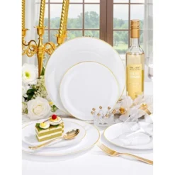 Itopfox 300PCS White And Gold Plastic Dinnerware Set For 50 Guests Includes Dinner Plates, Cake Plates, Cutlery, Cups For Wedding, Birthday -Kitchen Chef GUEST 9dda8b78 93ff 47d8 aafa 73a7d9854c13