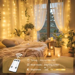 Itopfox 300 LED Remote Control Fairy Curtain Lights, Plug In Hanging String Lights For Window Wall, Bedroom, Wedding, Party, Christmas, Patio Decor