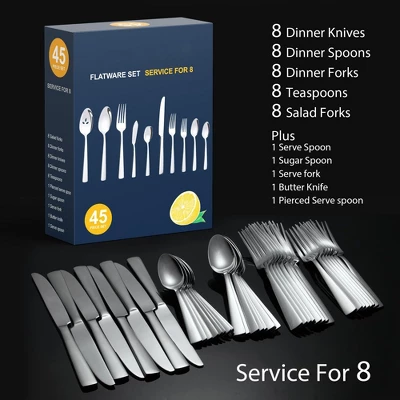 Itopfox 45-Piece Silverware Set, Durable Stainless Steel Flatware For 8, Ergonomic Design With Steak Knives, Rust-proof, Dishwasher Safe Kitchen 3 Itopfox 45-Piece Silverware Set, Durable Stainless Steel Flatware For 8, Ergonomic Design With Steak Knives, Rust-proof, Dishwasher Safe Kitchen