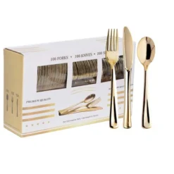 Itopfox 300PCS Gold Plastic Silverware Set, Heavy Duty Disposable Flatware Dinnerware, 100 Forks, 100 Spoons 100 Knives For Party, Wedding, Daily Use -Kitchen Chef GUEST ac35ec5a 8ebf 4a5b 8272 bcc2af65f6b5