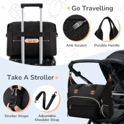 Itopfox Medium Black Diaper Tote Bag For Parents With Pacifier Case, 10 Pockets, Insulated Bottle Holders, Travel-Friendly
