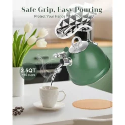 Itopfox Harriet Tea Kettle Stovetop, 2.5 Quart Whistling Stainless Steel Tea Pot With 3-Layer Base Unique Ergonomic Handle, Includes Pot Holder & Mat -Kitchen Chef GUEST b4078021 4e34 41fc b87d f5280a92d55a