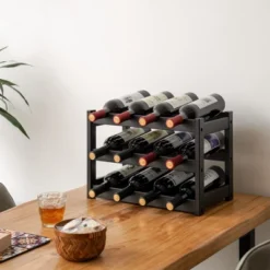 Itopfox 3-Tier Bamboo Wine Rack, Sturdy And Durable Wine Storage Cabinet Shelf For Pantry, Kitchen, Holds 12 Bottles Securely