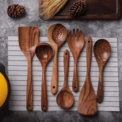 Itopfox Wooden Non-Stick Kitchen Utensil Set - 7-Piece Natural Teak Spatula, Spoon, Salad Fork, And More For Cooking And Serving -Kitchen Chef GUEST b6af804c 7a18 46b0 a497 26f7f1034bca
