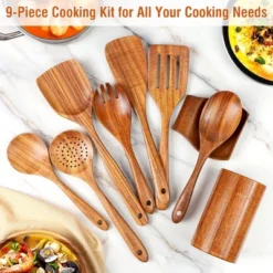 Itopfox 9-Piece Teak Wooden Kitchen Utensil Set With Spoon Rest, Comfort Grip Cooking Spoons & Utensil Holder For Easy Storage -Kitchen Chef GUEST b8b8575c 7a85 49af a939 1f996737c22d