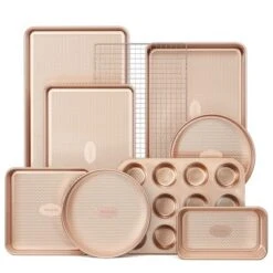 Itopfox 9-Piece Nonstick Baking Pans Set With Diamond Texture, Includes Cookie Sheet, Cake Pan, Roasting Pan, Muffin Tin, Gold -Kitchen Chef GUEST c0f0ef55 e299 439c bf81 bde569fcc0d4