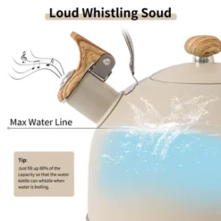 Itopfox Stovetop Tea Kettle With Whistling Feature, 2.5 Quart Capacity, Food-Grade Stainless Steel Construction, Wooden Handle, Creamy White Finish