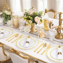 Itopfox 100-Pack Gold Plastic Cutlery Set With Napkins - Disposable Gold Utensils For Weddings, Parties, Thanksgiving - Includes Forks, Knives Spoons -Kitchen Chef GUEST c6687259 111c 4154 af5e 9e7214de0f7b