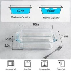 Itopfox 2 QT Rectangular Glass Casserole Dish With Lid, Oven Safe Tempered Glass Bakeware For Cooking, Baking, And Serving