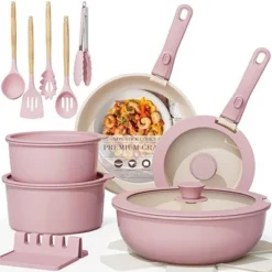 Itopfox 21-Piece Nonstick Pots And Pans Set With Removable Handles, Ceramic Cookware For RV Kitchen, Induction Compatible, Stackable Design, Pink -Kitchen Chef GUEST d38b70ea 0b4b 469a a10b cac7604f16a2