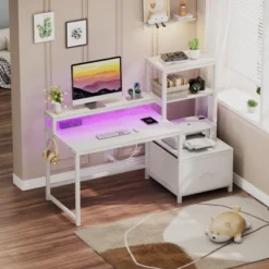 Itopfox Computer Desk With Drawers & Monitor Stand, Home Office Desk With Storage Shelves, Gaming Desk With Power Outlets & LED Lights For Study -Kitchen Chef GUEST d3dc380b d97c 4074 aa31 e42a661b17b3