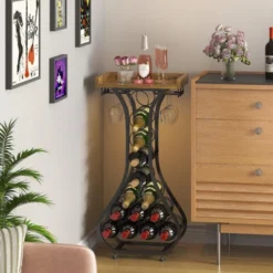 Itopfox Freestanding Wine Rack With Wood Tabletop & Glass Holder, Mini Bar Table For 14 Bottles, Space-Saving Floor Stand For Kitchen, Living Room -Kitchen Chef GUEST d43342e2 dfe5 4f37 b2a3 fd54ce542f62
